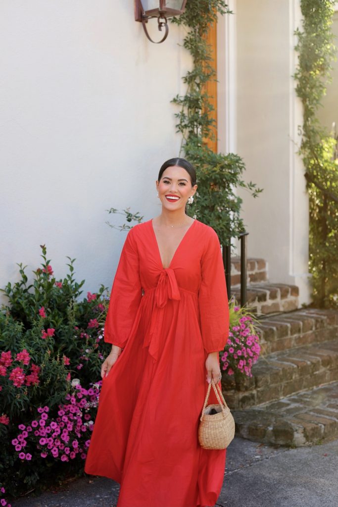 red dress at wedding as a guest